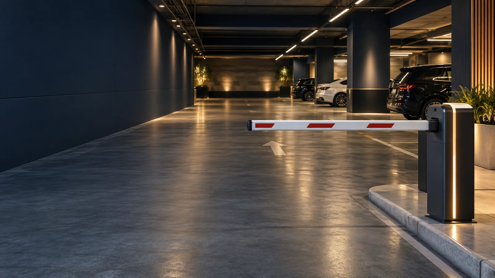 uma garagem com cancela, circulação sinalizada e iluminação arquitetônica.